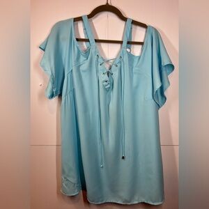New Glory Cold-Shoulder Lace-Up Blouse in Pastel Blue Size 3X